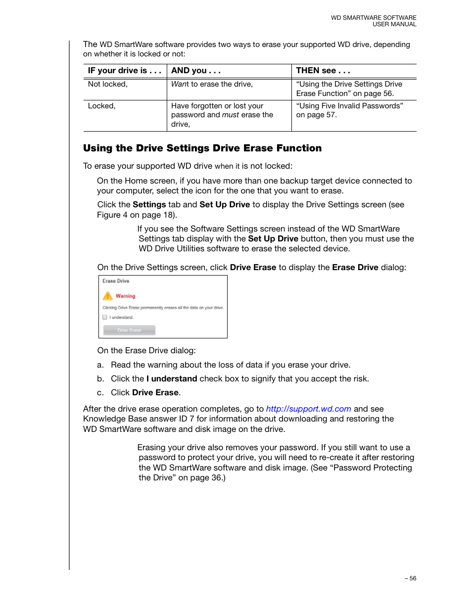 Using the drive settings drive erase function | Western Digital WD SmartWare User Manual User Manual | Page 60 / 78