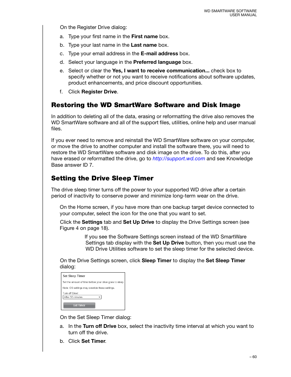 Restoring the wd smartware software and disk image, Setting the drive sleep timer | Western Digital WD SmartWare User Manual User Manual | Page 64 / 78