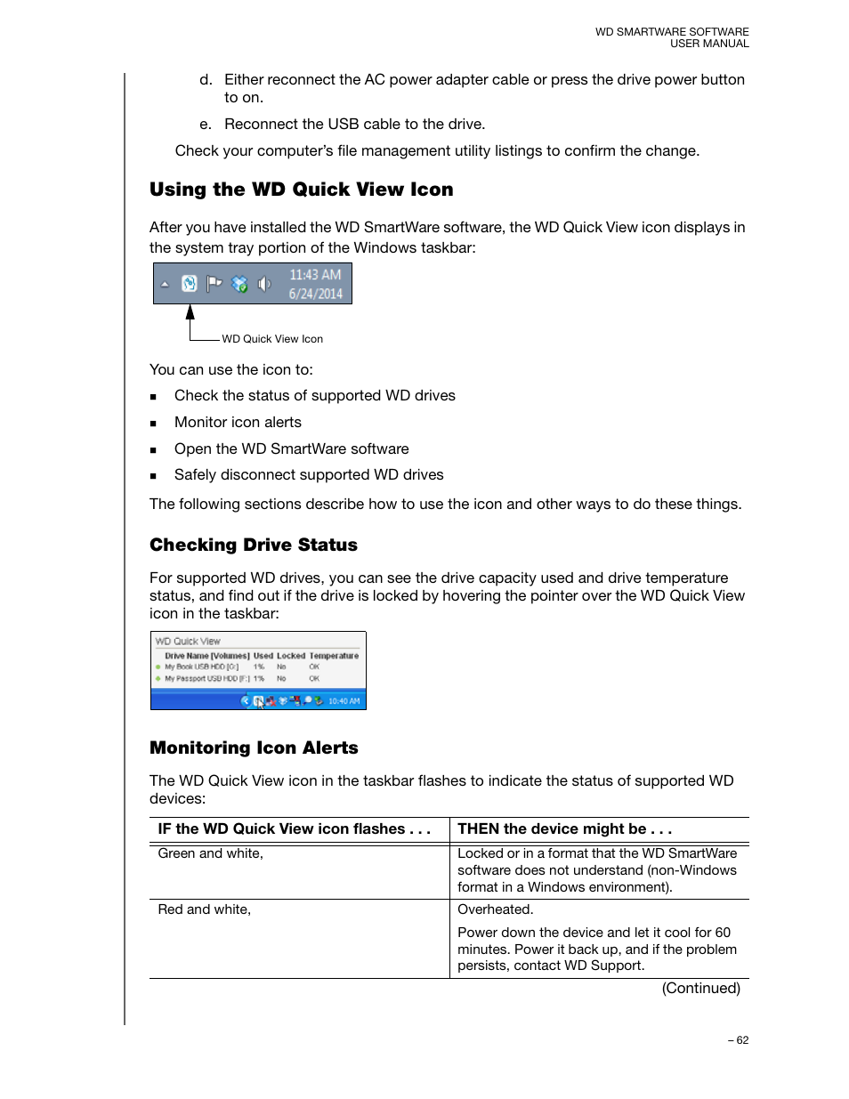 Using the wd quick view icon, Checking drive status, Monitoring icon alerts | Checking drive status monitoring icon alerts | Western Digital WD SmartWare User Manual User Manual | Page 66 / 78