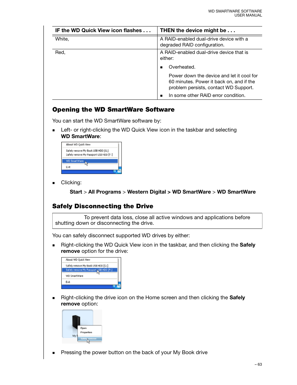 Opening the wd smartware software, Safely disconnecting the drive | Western Digital WD SmartWare User Manual User Manual | Page 67 / 78