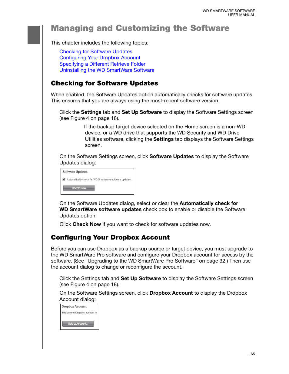 Managing and customizing the software, Checking for software updates, Configuring your dropbox account | Checking for software updates configuring your d | Western Digital WD SmartWare User Manual User Manual | Page 69 / 78