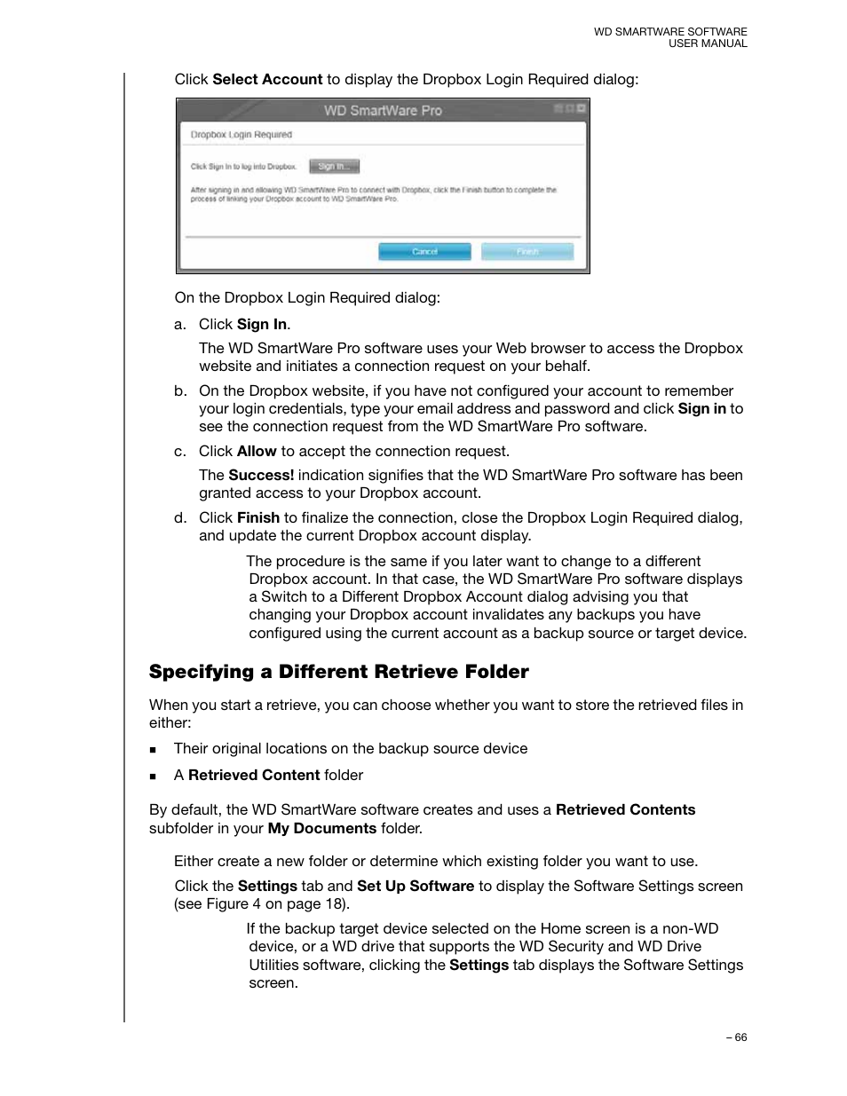 Specifying a different retrieve folder | Western Digital WD SmartWare User Manual User Manual | Page 70 / 78