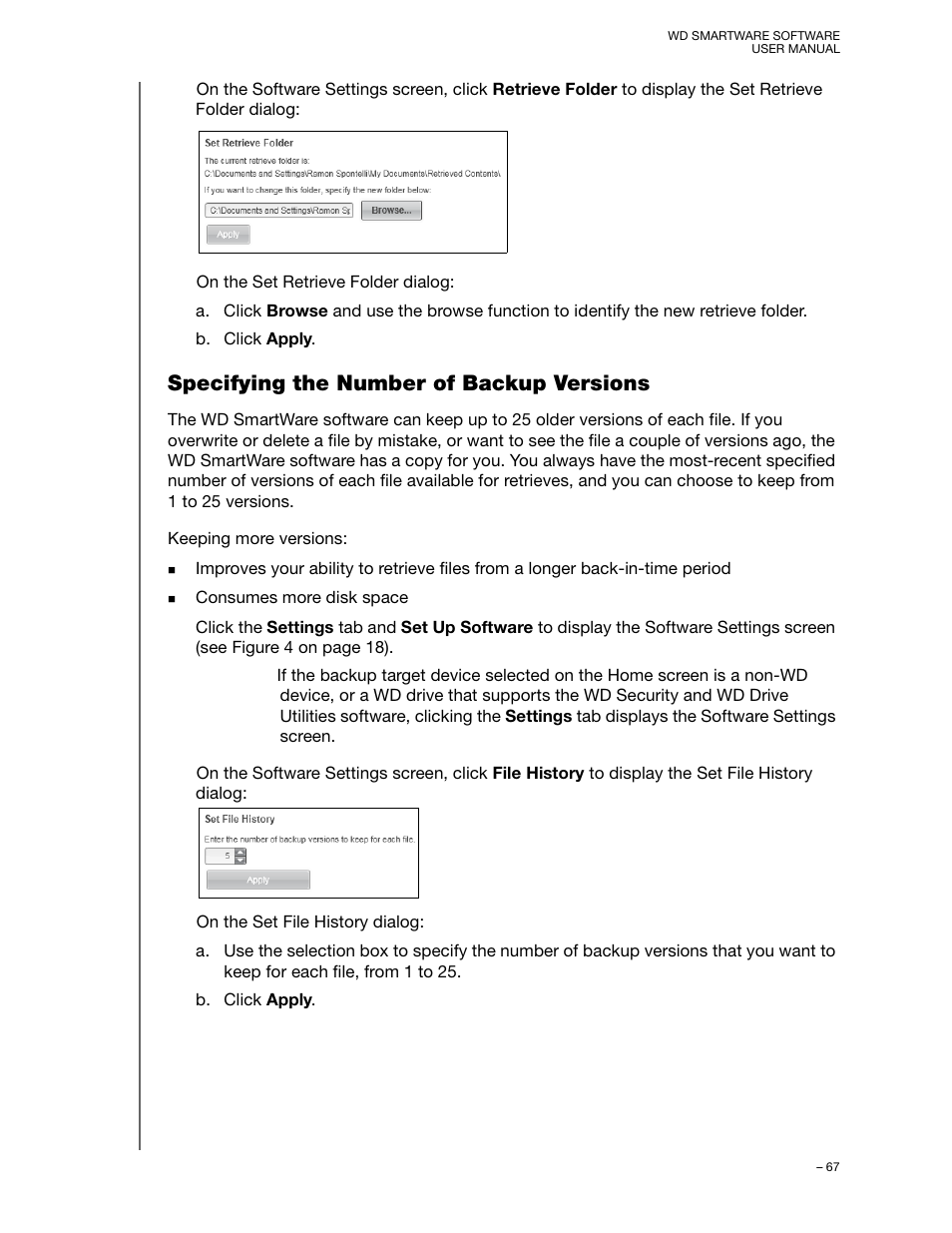 Specifying the number of backup versions | Western Digital WD SmartWare User Manual User Manual | Page 71 / 78