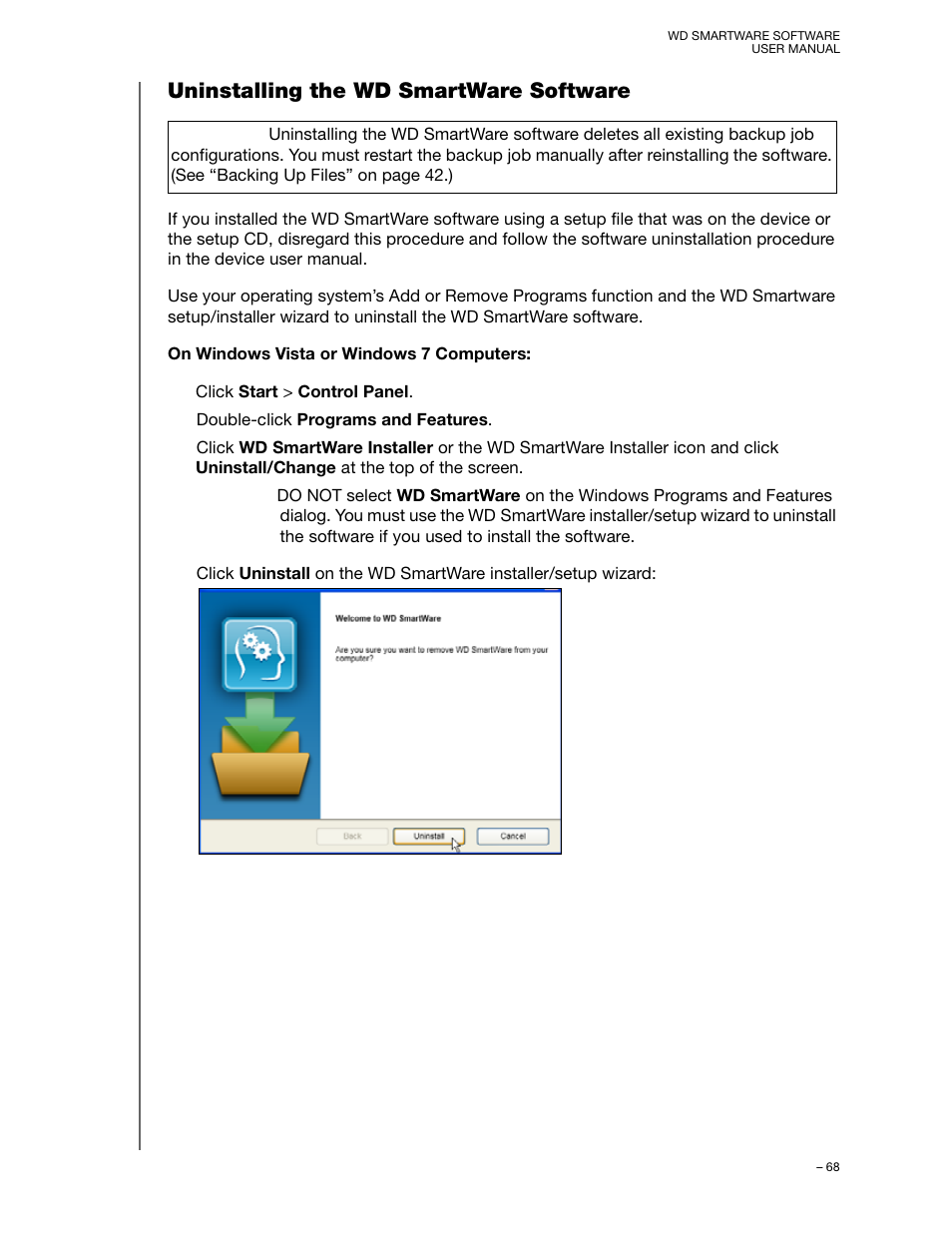Uninstalling the wd smartware software | Western Digital WD SmartWare User Manual User Manual | Page 72 / 78