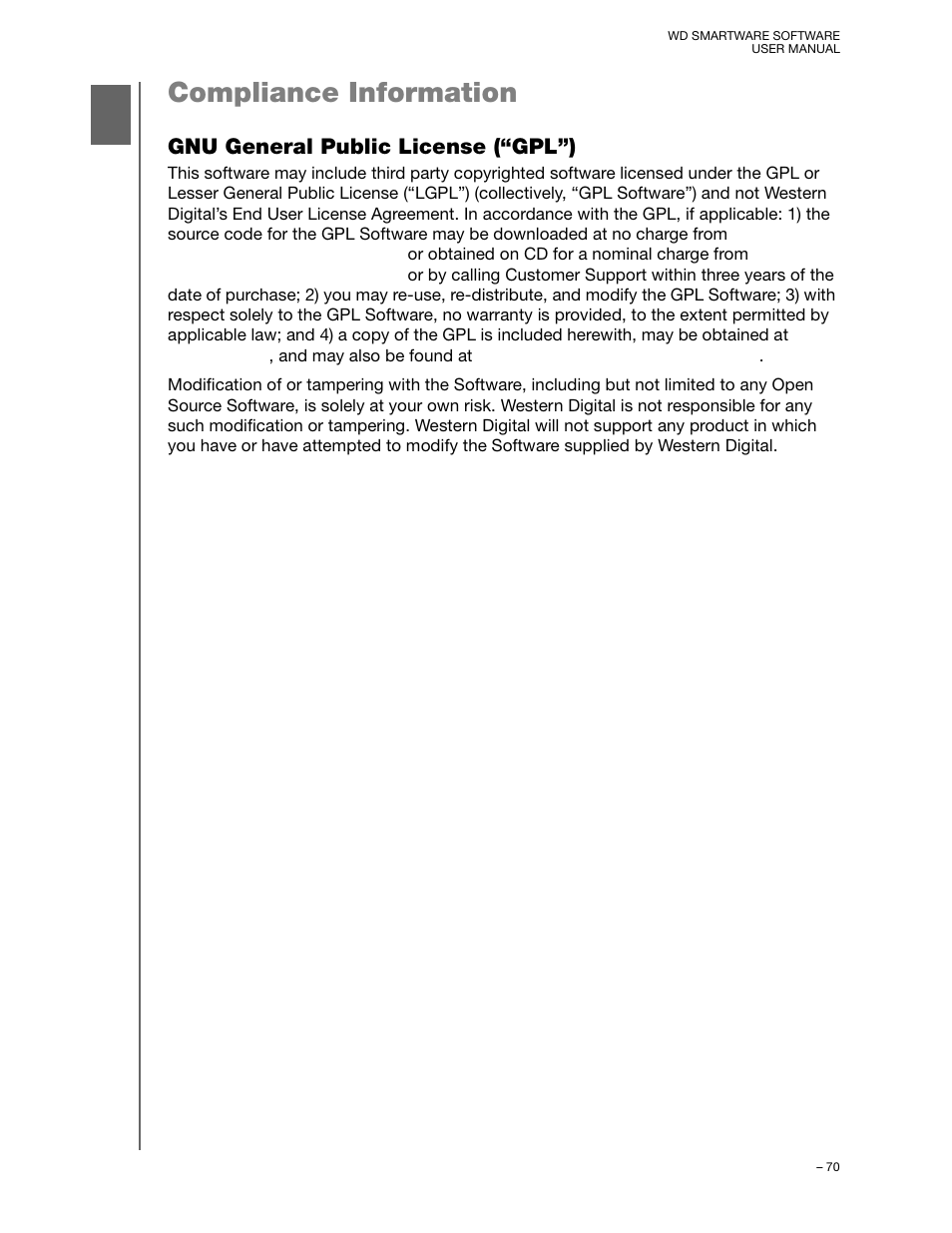 Compliance information, Gnu general public license (“gpl”) | Western Digital WD SmartWare User Manual User Manual | Page 74 / 78