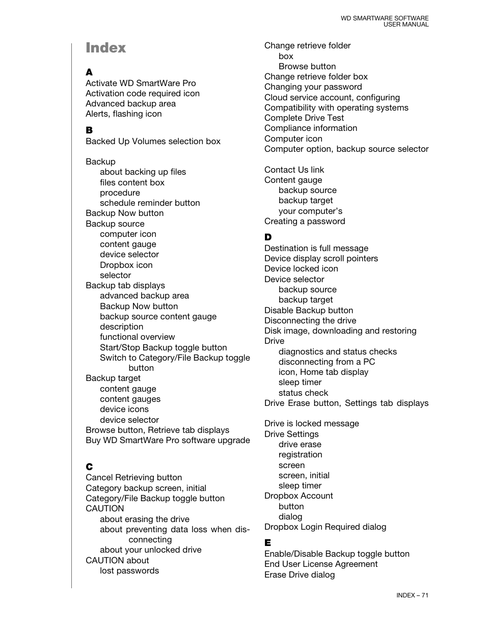 Index | Western Digital WD SmartWare User Manual User Manual | Page 75 / 78