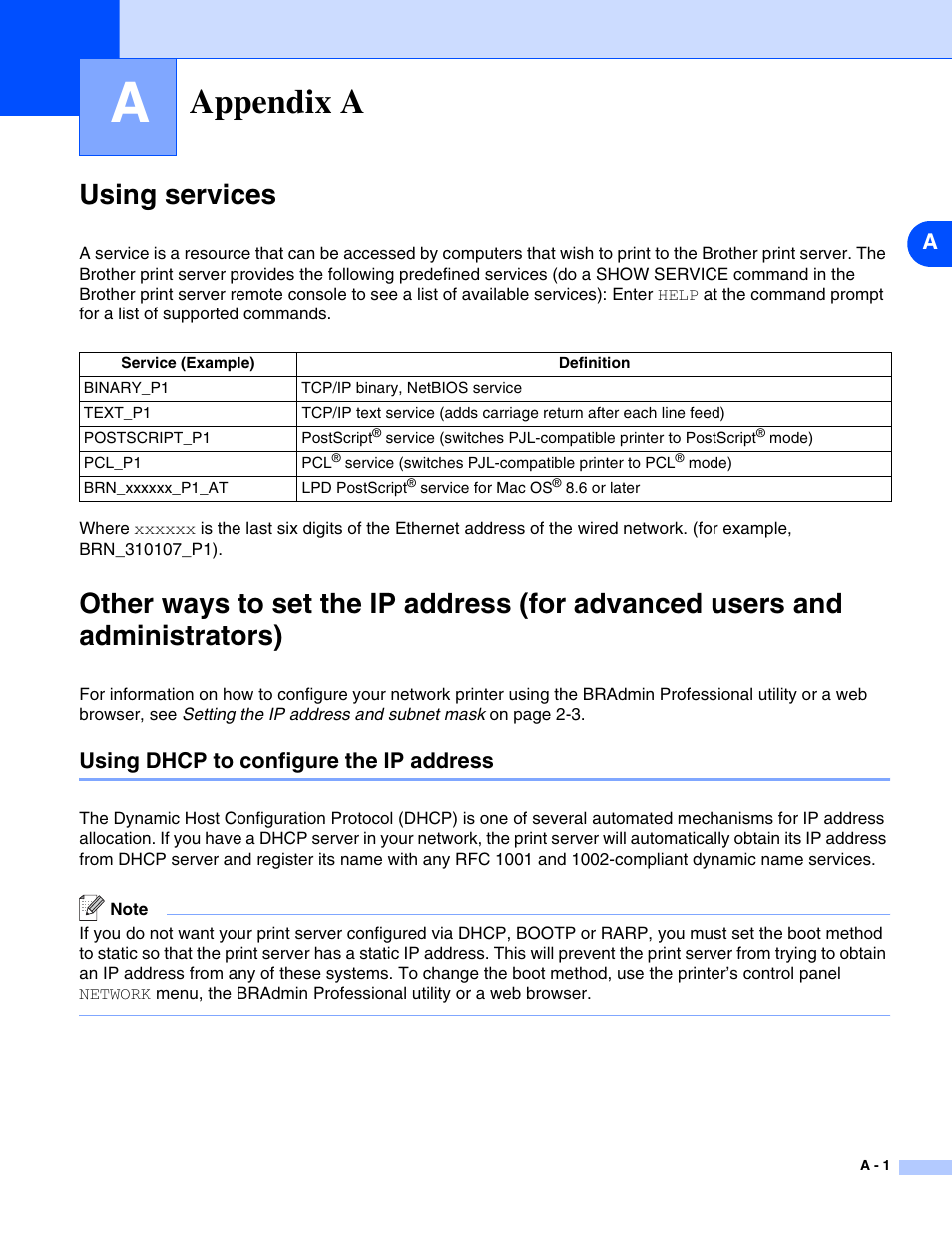 Appendix a, Using services, Using dhcp to configure the ip address | Brother HL-5280DW User Manual | Page 102 / 112