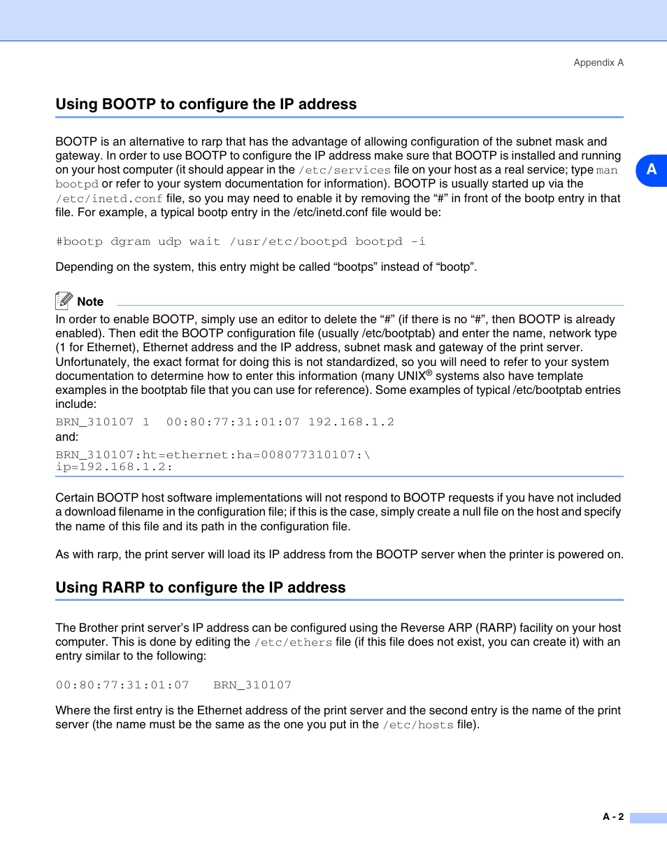 Using bootp to configure the ip address, Using rarp to configure the ip address, Ausing bootp to configure the ip address | Brother HL-5280DW User Manual | Page 103 / 112