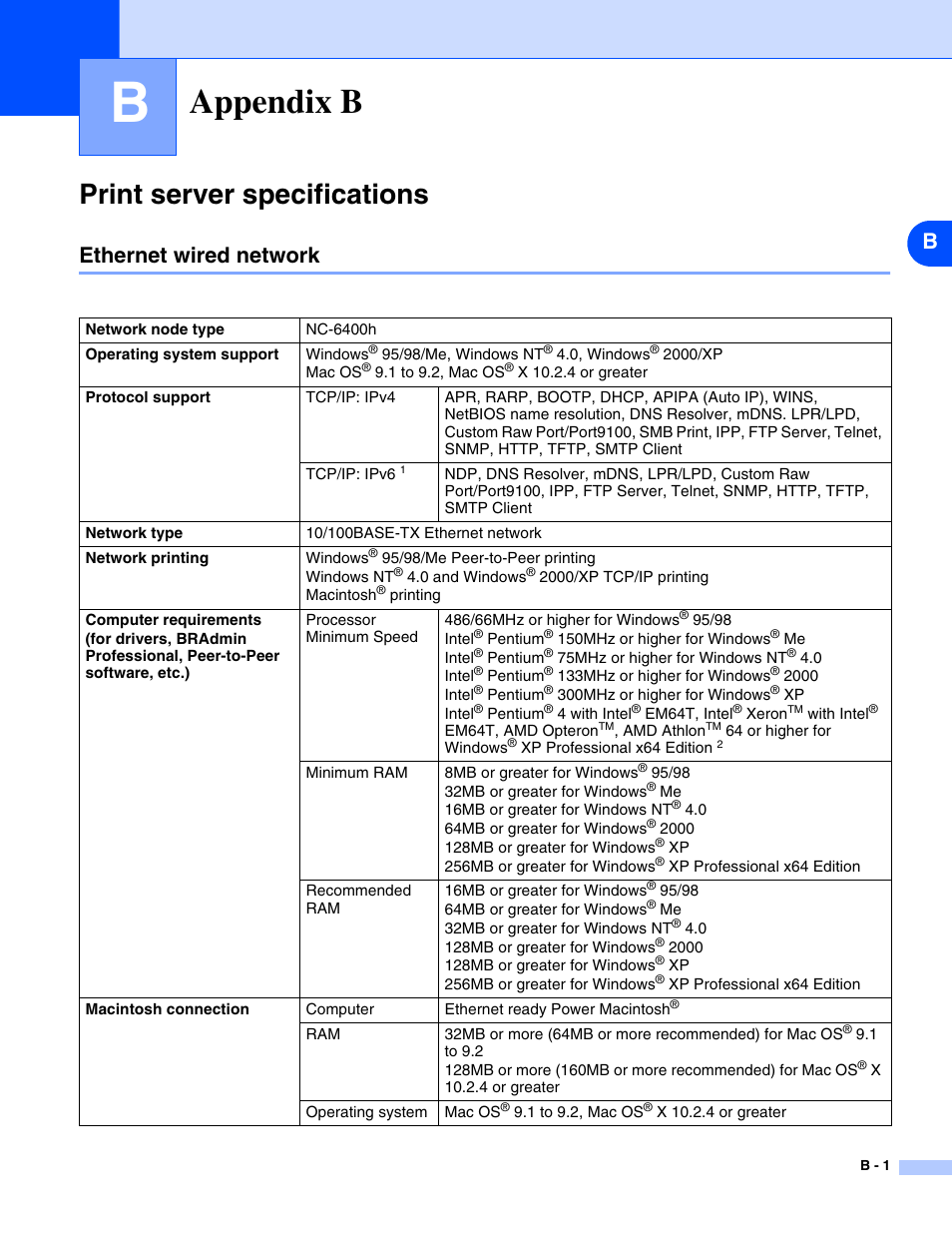 Appendix b, Print server specifications, Ethernet wired network | Brother HL-5280DW User Manual | Page 107 / 112