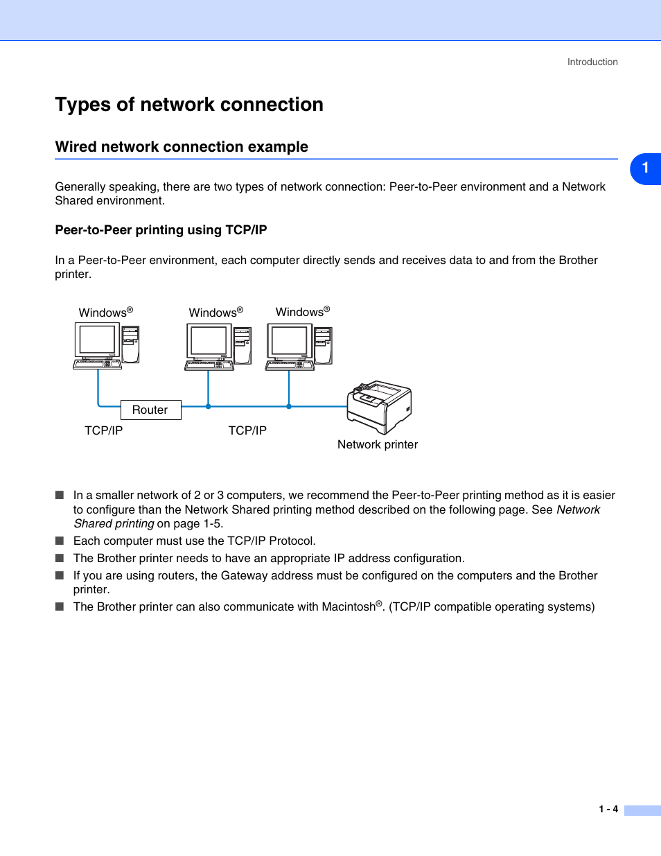 Types of network connection, Wired network connection example, Peer-to-peer printing using tcp/ip | Types of network connection -4, Wired network connection example -4, Peer-to-peer printing using tcp/ip -4 | Brother HL-5280DW User Manual | Page 13 / 112