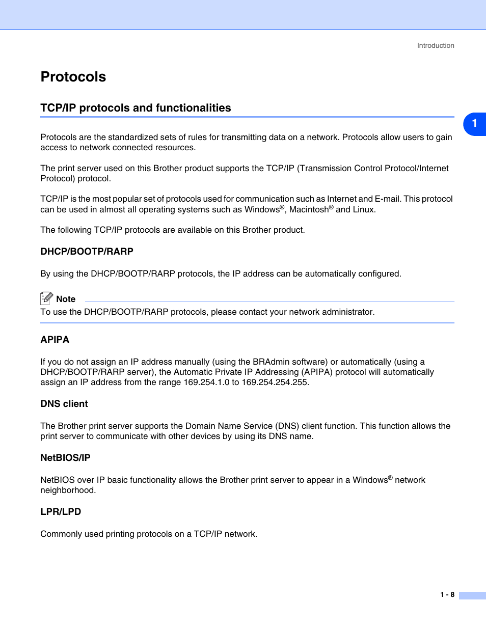 Protocols, Tcp/ip protocols and functionalities, Dhcp/bootp/rarp | Apipa, Dns client, Netbios/ip, Lpr/lpd, Protocols -8, Tcp/ip protocols and functionalities -8 | Brother HL-5280DW User Manual | Page 17 / 112