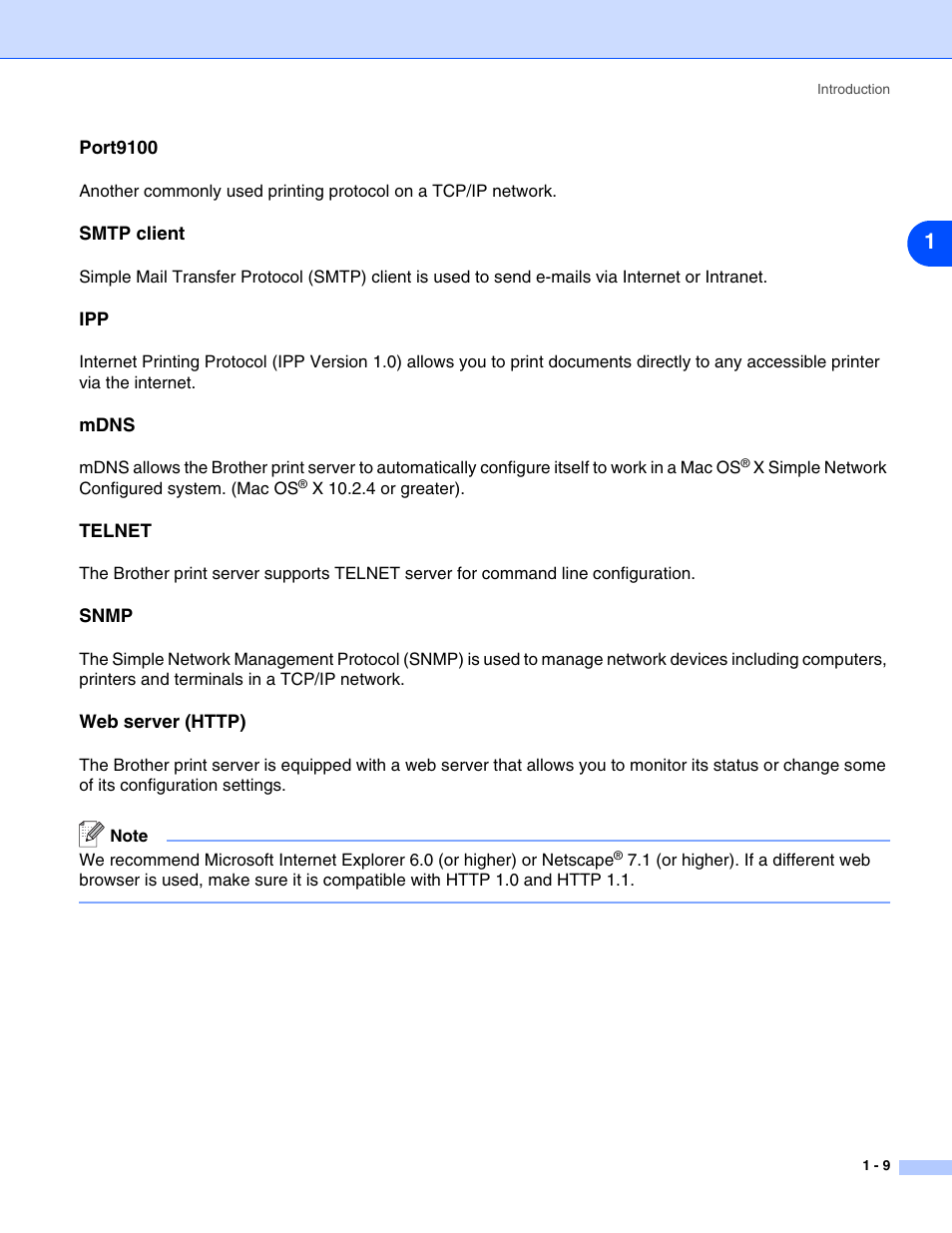 Port9100, Smtp client, Mdns | Telnet, Snmp, Web server (http) | Brother HL-5280DW User Manual | Page 18 / 112