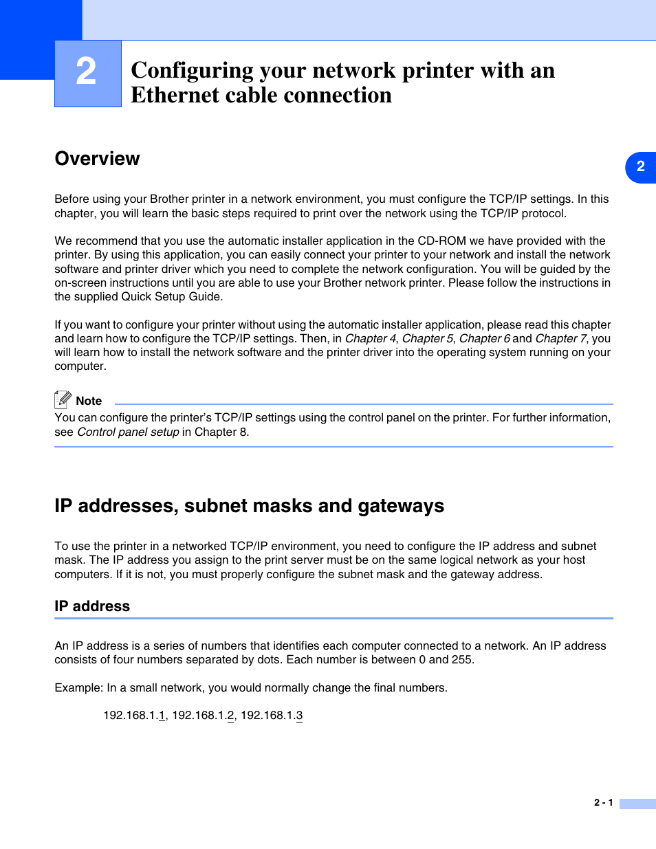 Overview, Ip addresses, subnet masks and gateways, Ip address | Ip address -1, In chapter 2 you will read | Brother HL-5280DW User Manual | Page 19 / 112