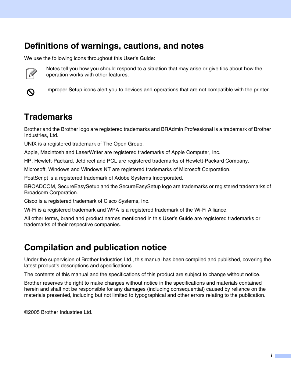 Trademarks, Compilation and publication notice | Brother HL-5280DW User Manual | Page 2 / 112