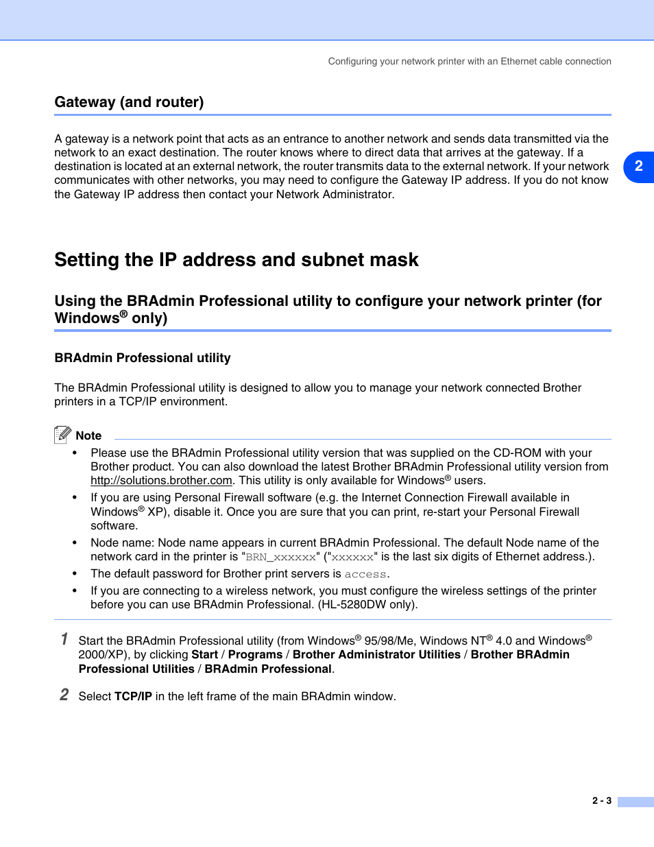 Gateway (and router), Setting the ip address and subnet mask, Bradmin professional utility | Gateway (and router) -3, Setting the ip address and subnet mask -3, Bradmin professional utility -3, 2gateway (and router), Only) | Brother HL-5280DW User Manual | Page 21 / 112
