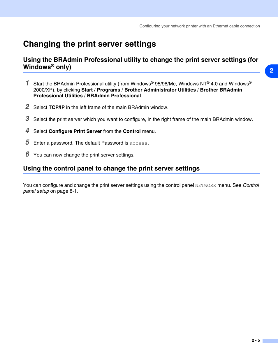 Changing the print server settings, Changing the print server settings -5 | Brother HL-5280DW User Manual | Page 23 / 112