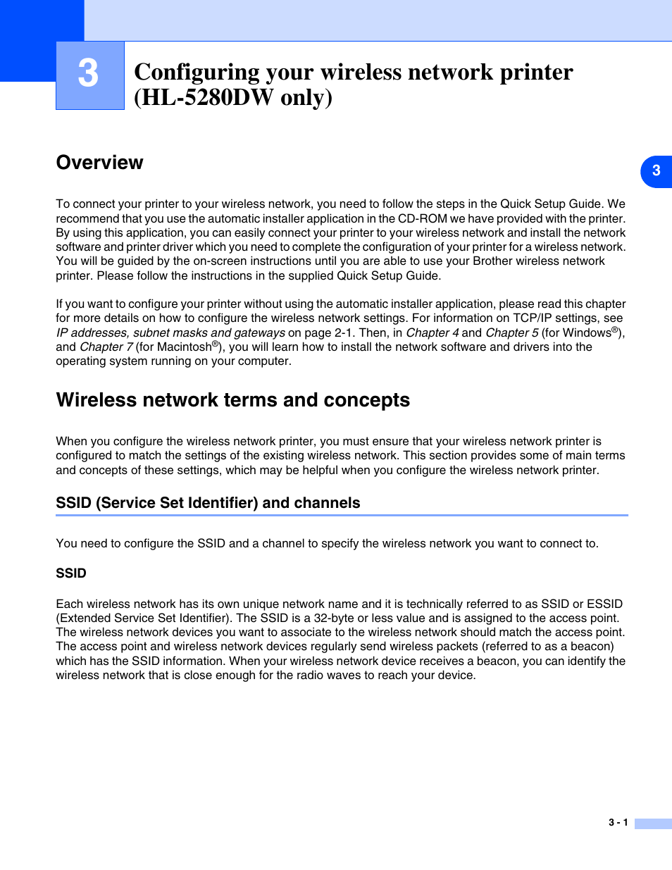 Overview, Wireless network terms and concepts, Ssid (service set identifier) and channels | Ssid, Overview -1 wireless network terms and concepts -1, Ssid (service set identifier) and channels -1, Ssid -1, In chapter 3 , you will rea | Brother HL-5280DW User Manual | Page 25 / 112