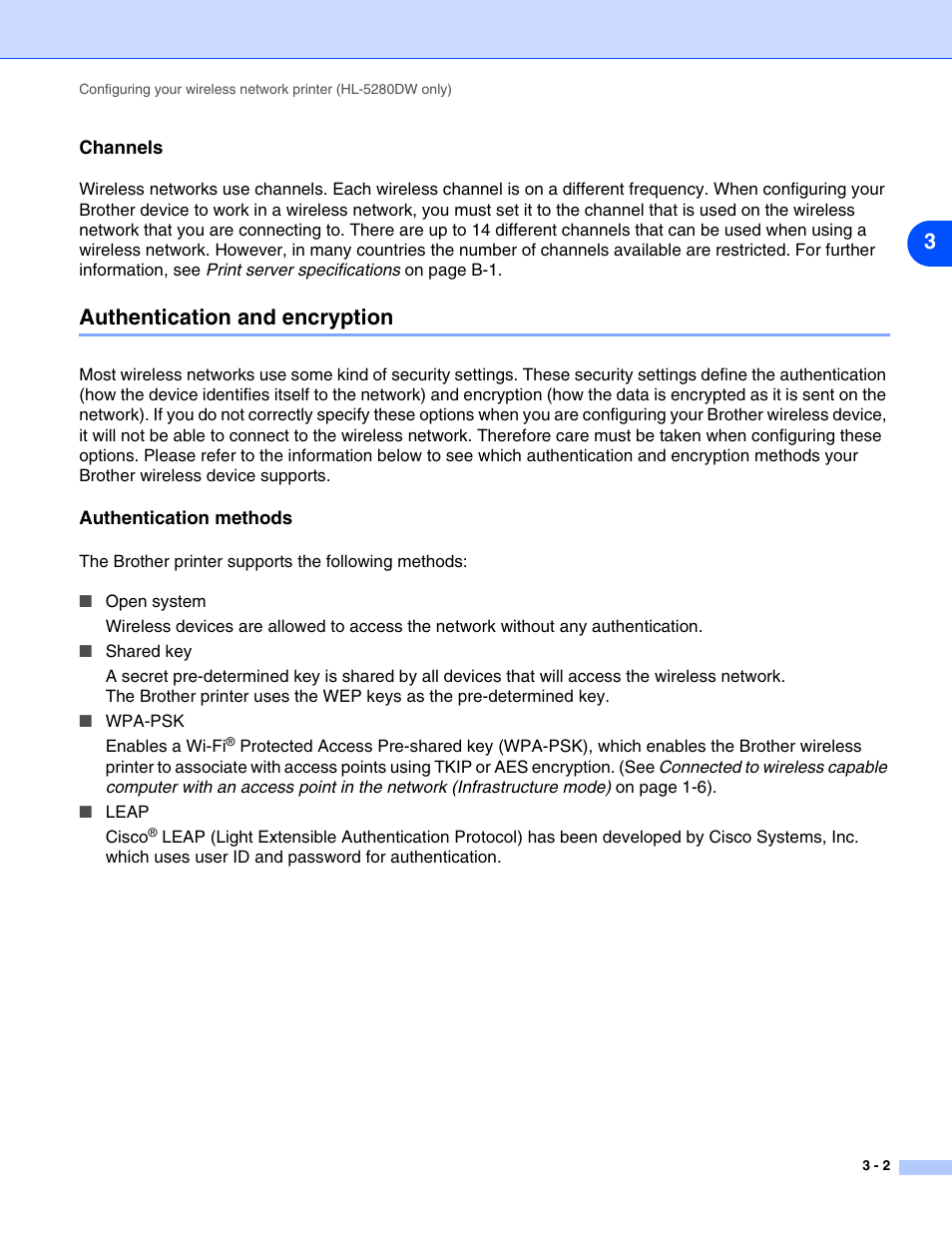 Channels, Authentication and encryption, Authentication methods | Channels -2, Authentication and encryption -2, Authentication methods -2 | Brother HL-5280DW User Manual | Page 26 / 112