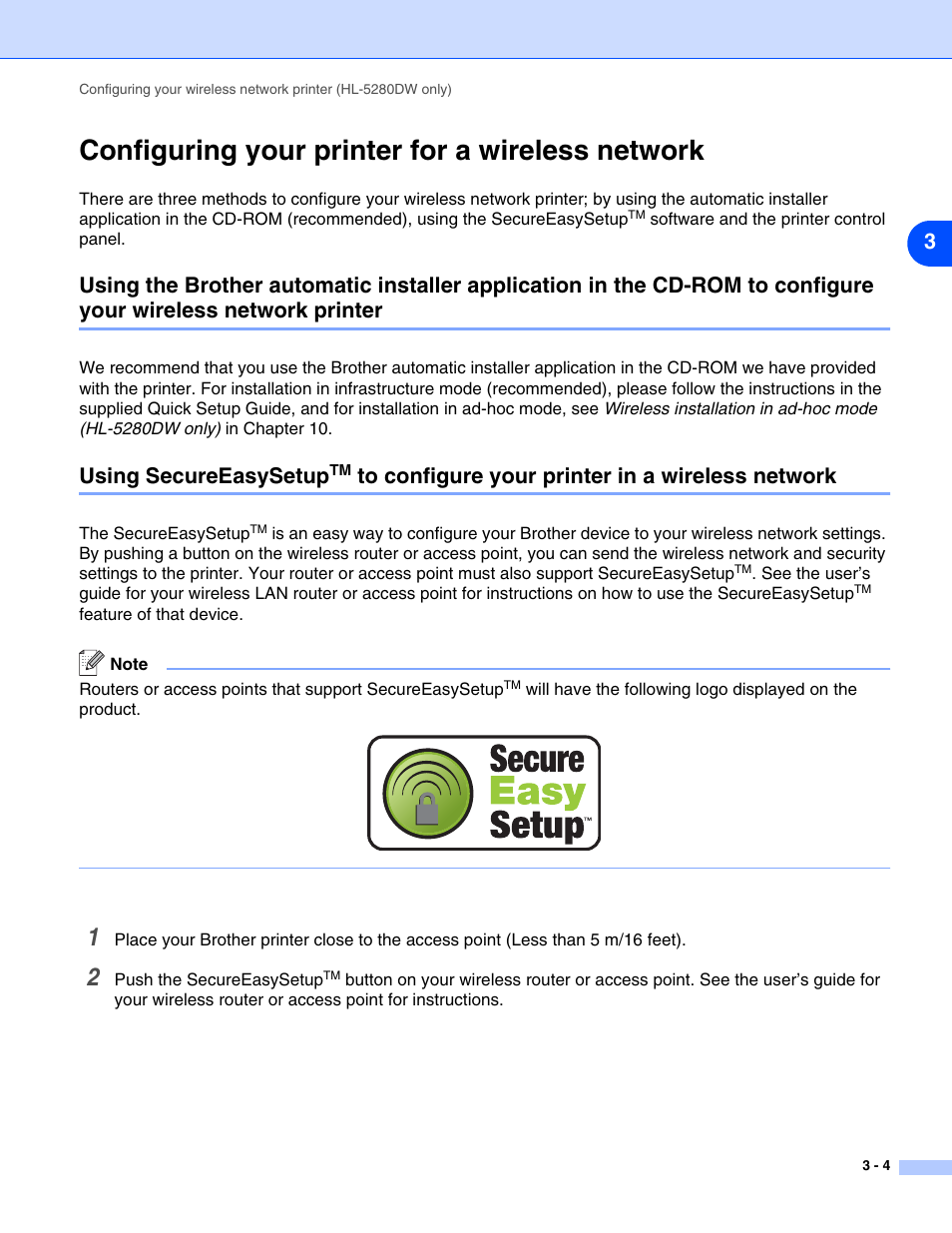 Configuring your printer for a wireless network, Configuring your printer for a wireless network -4, Using secureeasysetup | Brother HL-5280DW User Manual | Page 28 / 112