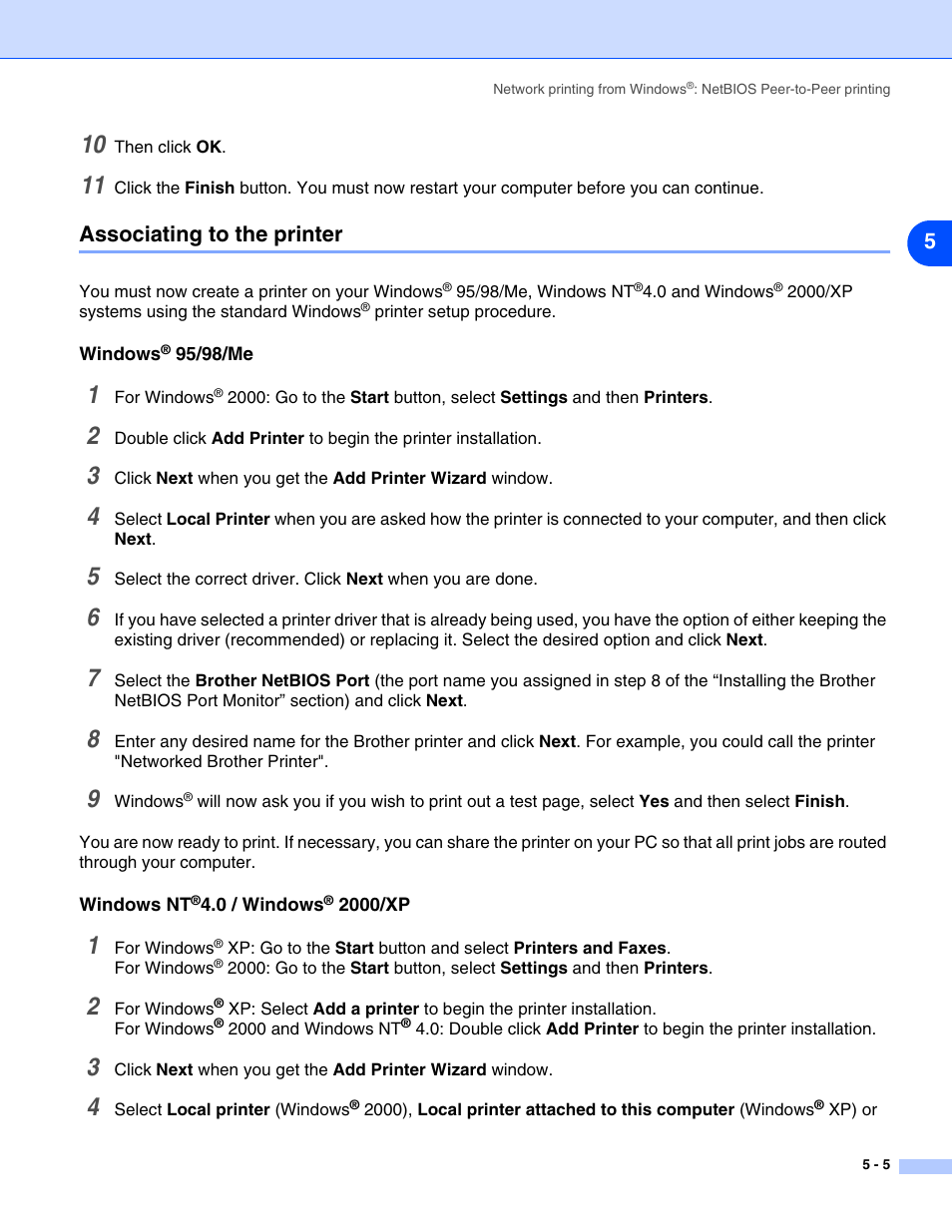 Associating to the printer, Windows® 95/98/me, Windows nt®4.0 / windows® 2000/xp | Associating to the printer -5, Windows, Windows nt | Brother HL-5280DW User Manual | Page 49 / 112