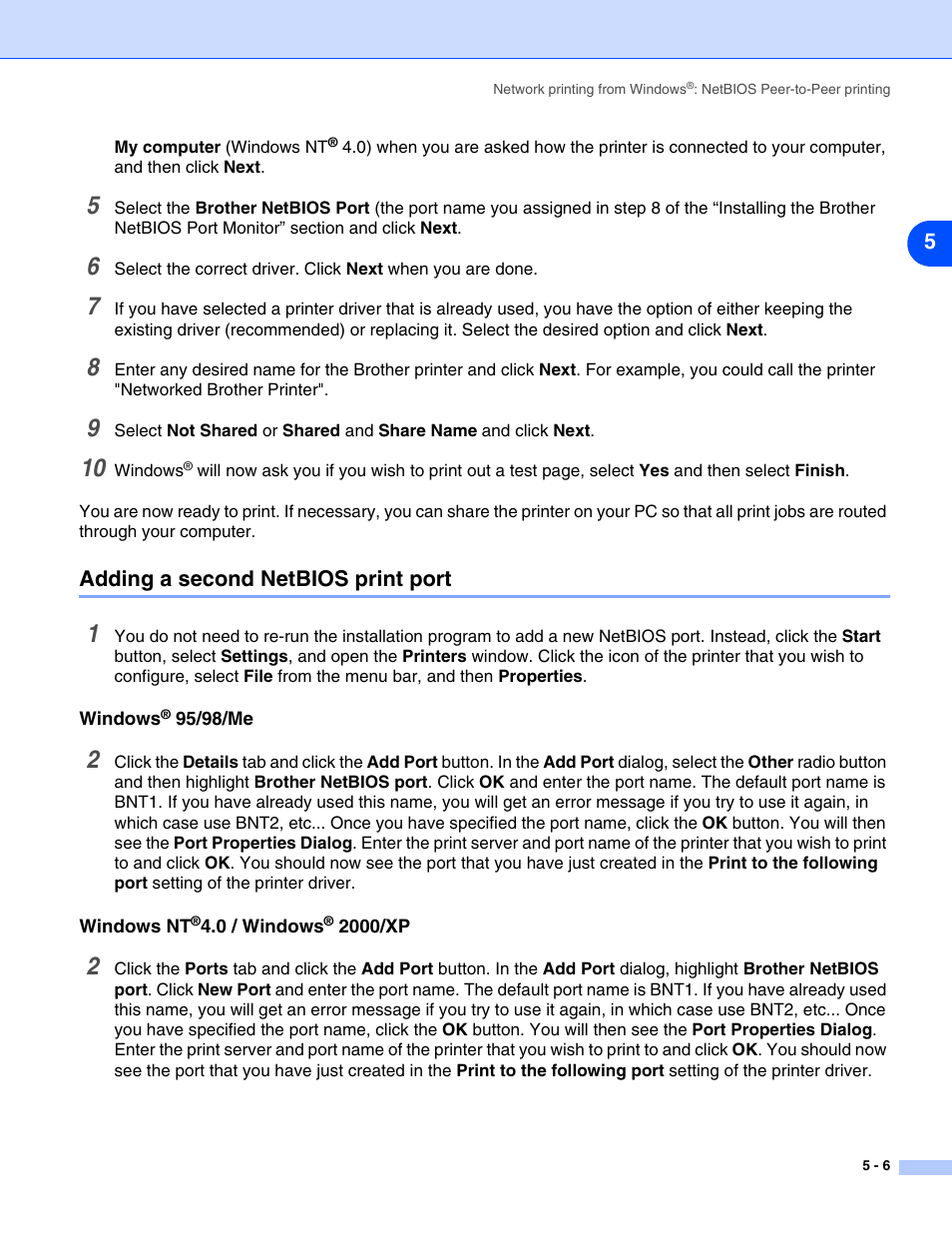 Adding a second netbios print port, Windows® 95/98/me, Windows nt®4.0 / windows® 2000/xp | Adding a second netbios print port -6, Windows, Windows nt | Brother HL-5280DW User Manual | Page 50 / 112