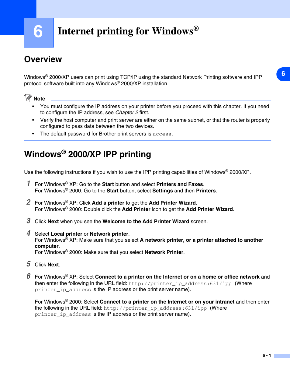 Internet printing for windows, Overview, Windows® 2000/xp ipp printing | Overview -1 windows, Chapter 6, Chapter 6: internet printing for windows, Windows, 2000/xp ipp printing | Brother HL-5280DW User Manual | Page 52 / 112