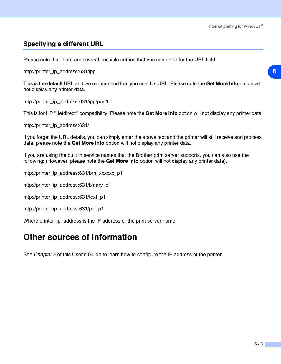 Specifying a different url, Other sources of information, Specifying a different url -3 | Other sources of information -3, 6specifying a different url | Brother HL-5280DW User Manual | Page 54 / 112