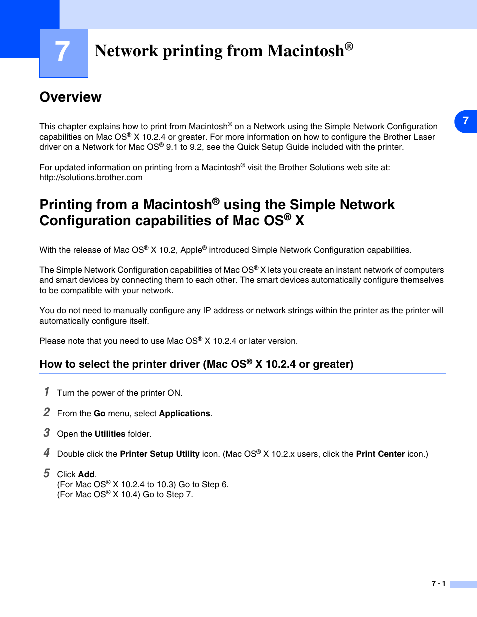 Network printing from macintosh, Overview, Overview -1 printing from a macintosh | How to select the printer driver (mac os, Chapter 7 and, Chapter 7: network printing from macintosh, Chapter 7, Chapter 7 (for, Printing from a macintosh | Brother HL-5280DW User Manual | Page 55 / 112