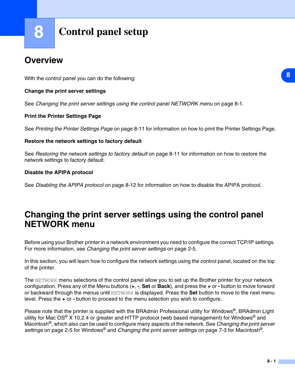 Control panel setup, Overview, Control panel setup -1 | Chapter 8 describes how to, Chapter 8: control panel setup, See control panel setup in chapter 8 | Brother HL-5280DW User Manual | Page 59 / 112