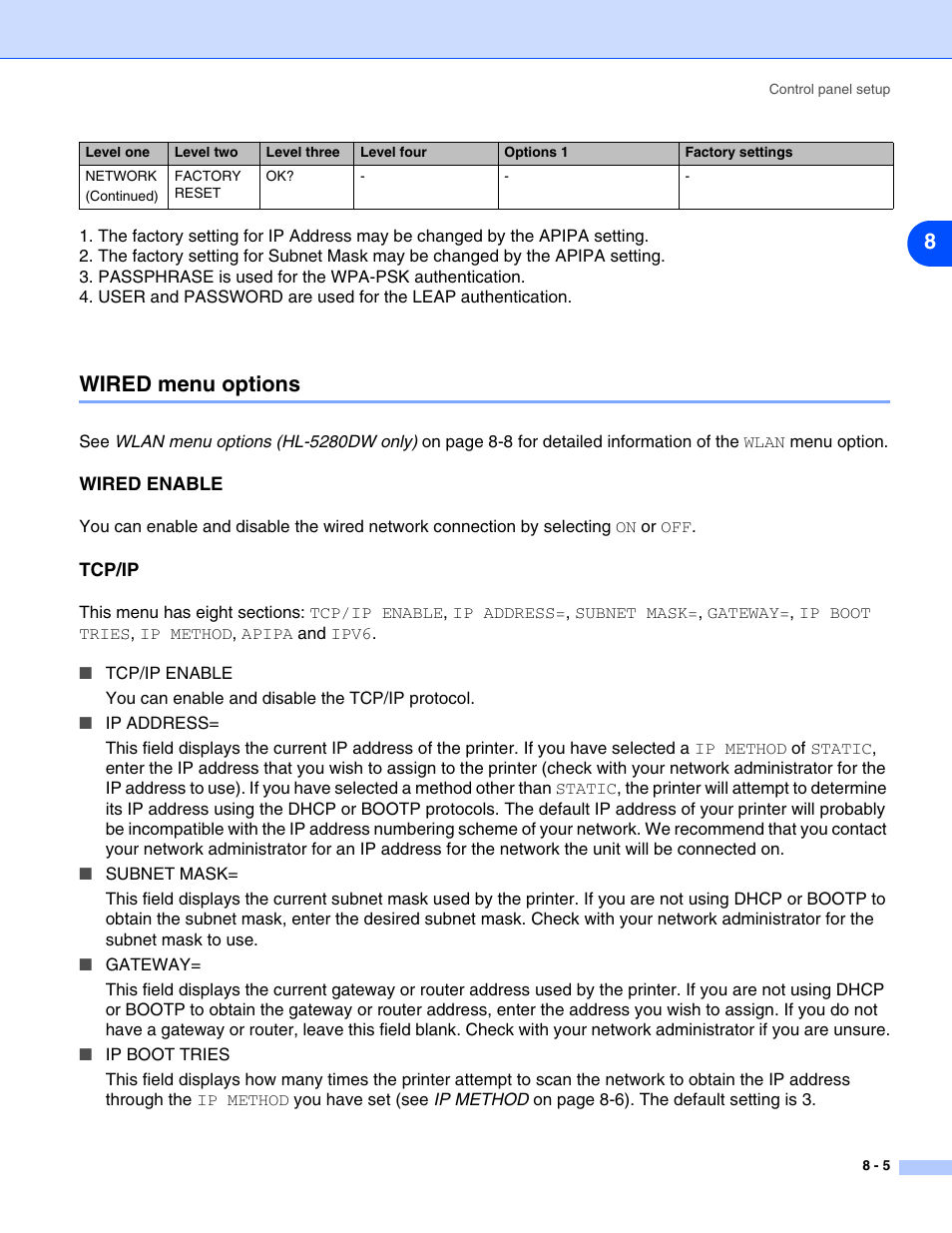 Wired menu options, Wired enable, Tcp/ip | Wired menu options -5, Wired enable -5 tcp/ip -5 | Brother HL-5280DW User Manual | Page 63 / 112