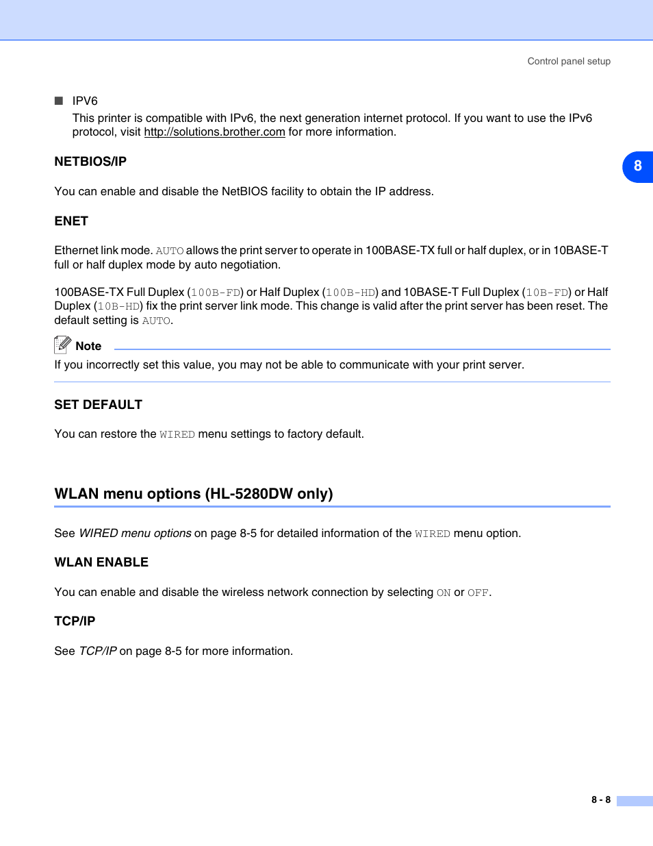 Netbios/ip, Enet, Set default | Wlan menu options (hl-5280dw only), Wlan enable, Tcp/ip, Wlan menu options (hl-5280dw only) -8, Wlan enable -8 tcp/ip -8 | Brother HL-5280DW User Manual | Page 66 / 112
