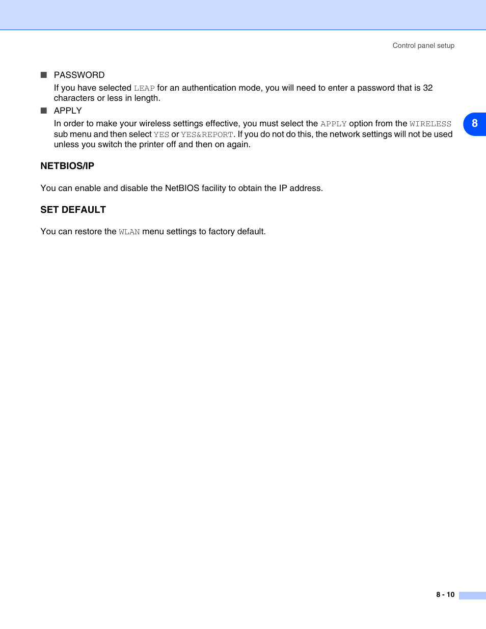 Netbios/ip, Set default, Netbios/ip -10 set default -10 | Brother HL-5280DW User Manual | Page 68 / 112