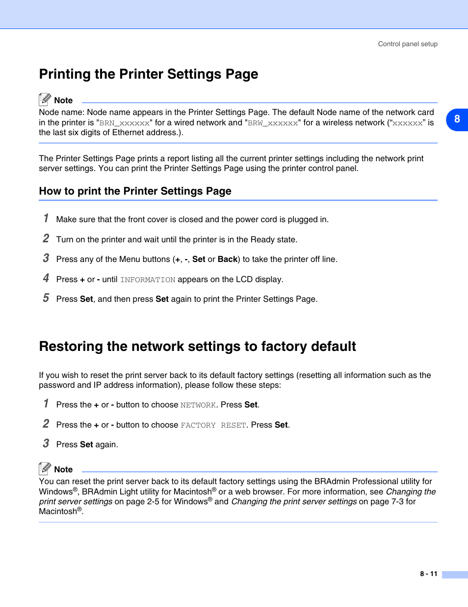 Restoring the network settings to factory default, Printing the printer settings page | Brother HL-5280DW User Manual | Page 69 / 112