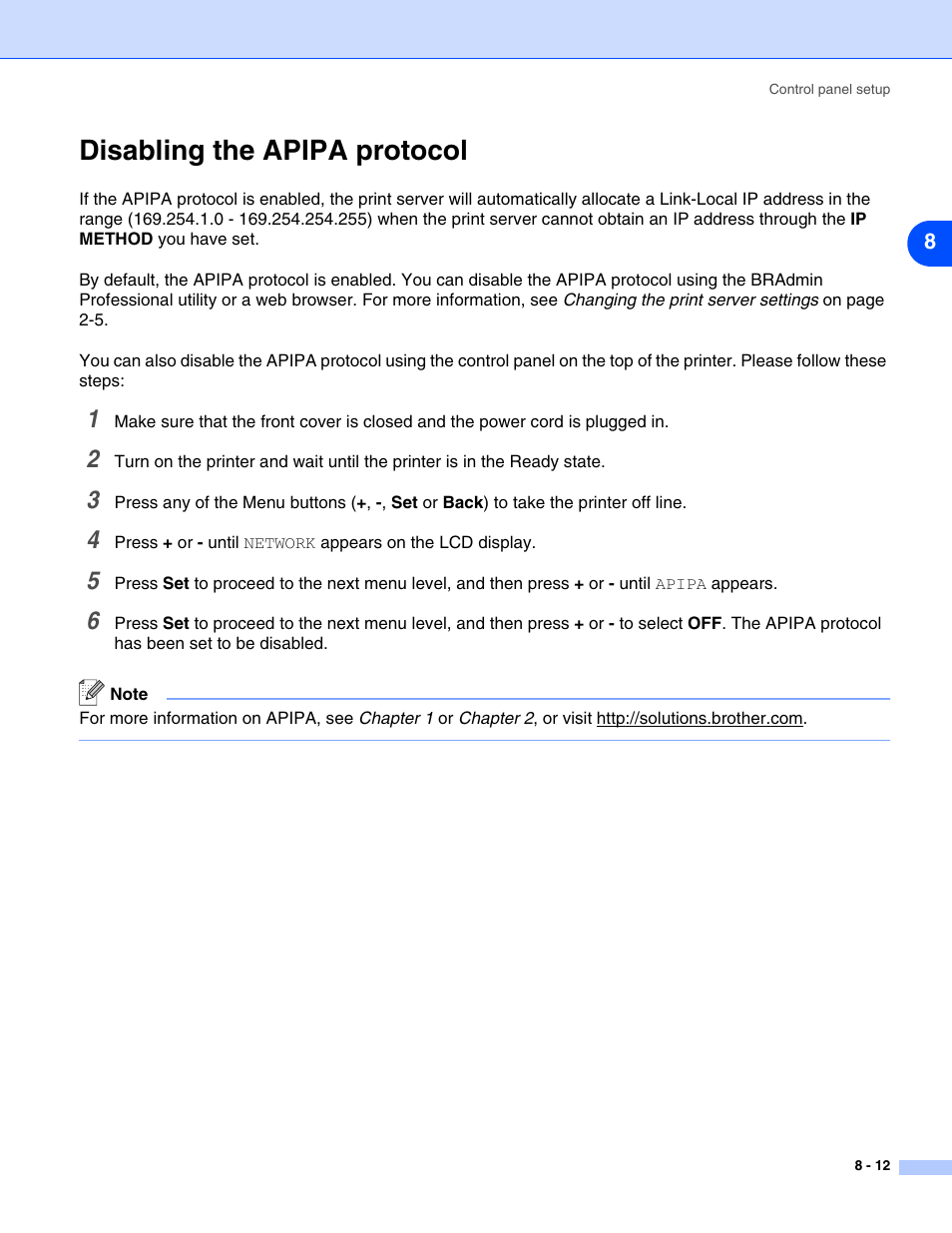 Disabling the apipa protocol, Disabling the apipa protocol -12 | Brother HL-5280DW User Manual | Page 70 / 112