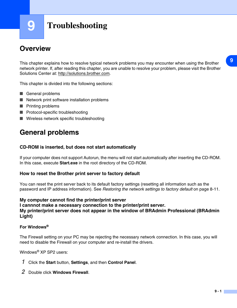 Troubleshooting, Overview, General problems | Troubleshooting -1, Overview -1 general problems -1 | Brother HL-5280DW User Manual | Page 71 / 112