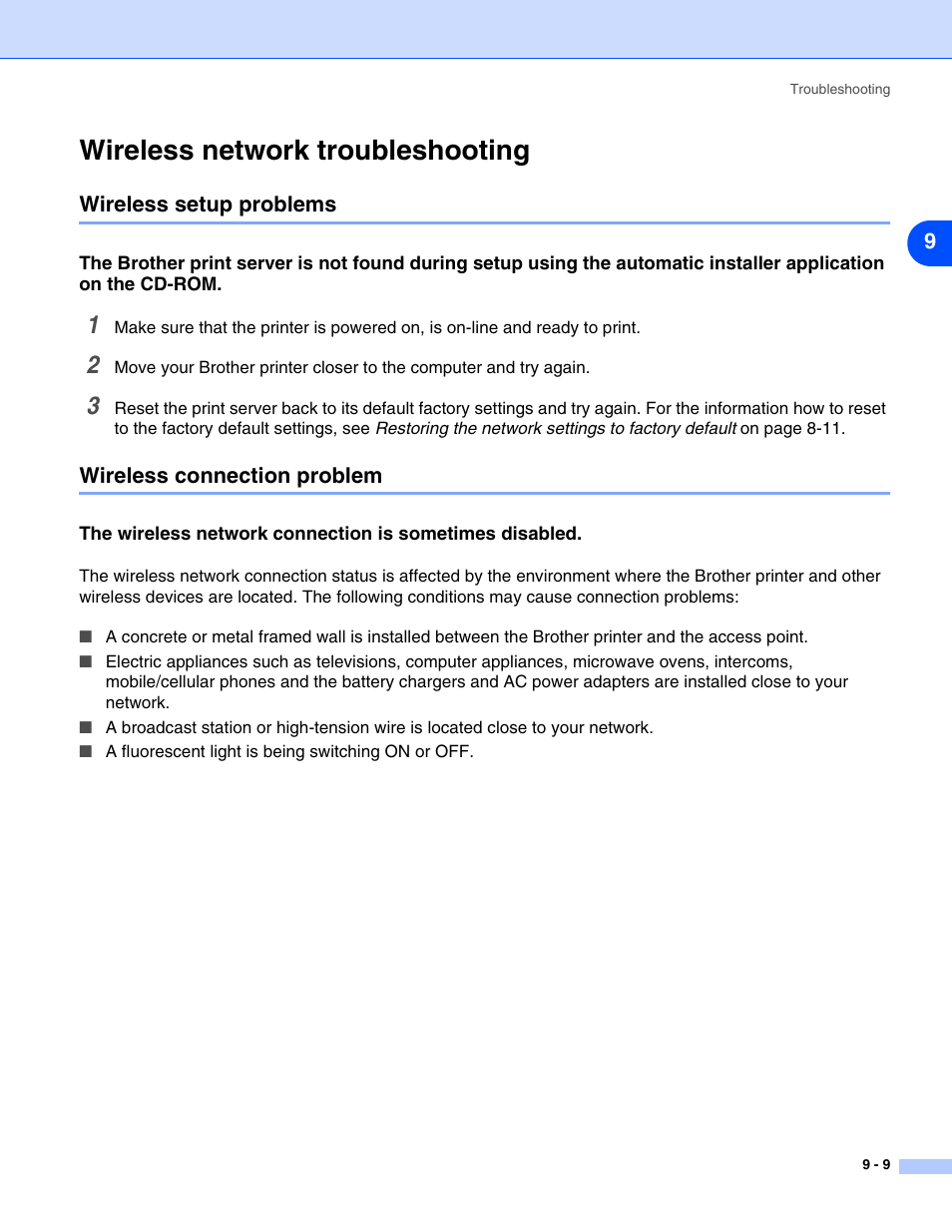 Wireless network troubleshooting, Wireless setup problems, Wireless connection problem | Wireless network troubleshooting -9 | Brother HL-5280DW User Manual | Page 79 / 112