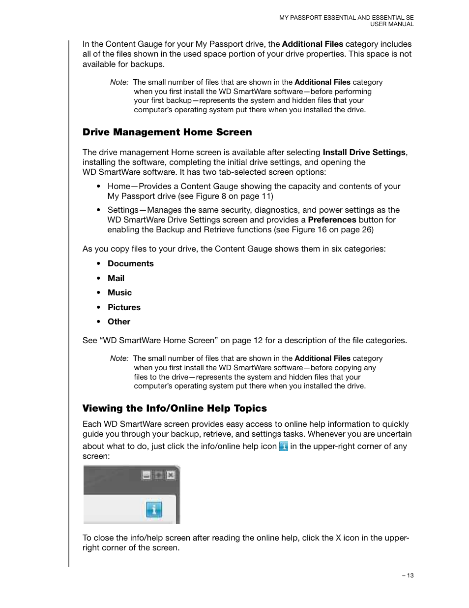 Drive management home screen, Viewing the info/online help topics | Western Digital My Passport Essential SE User Manual User Manual | Page 18 / 75