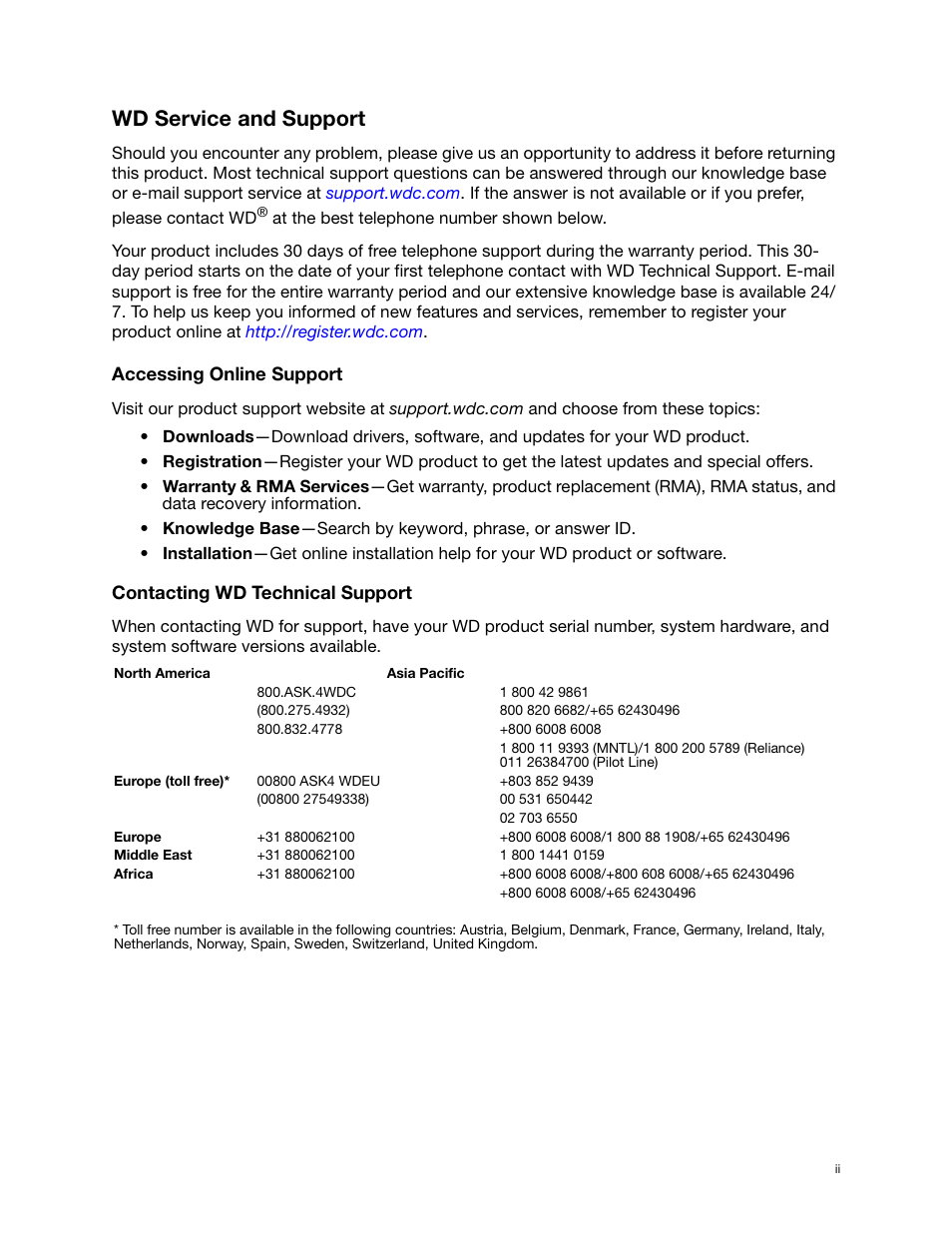 Wd service and support, Accessing online support, Contacting wd technical support | Western Digital My Passport Essential SE User Manual User Manual | Page 2 / 75