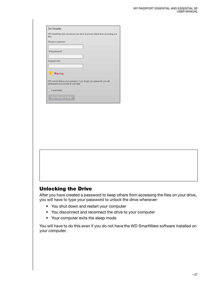 Unlocking the drive | Western Digital My Passport Essential SE User Manual User Manual | Page 32 / 75