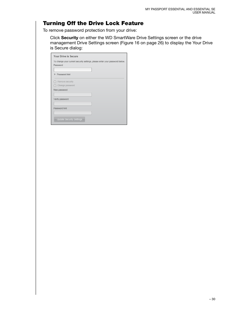 Turning off the drive lock feature | Western Digital My Passport Essential SE User Manual User Manual | Page 35 / 75