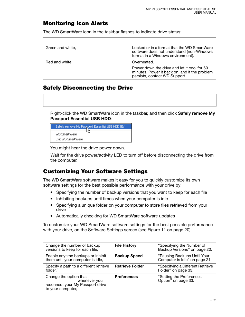 Monitoring icon alerts, Safely disconnecting the drive, Customizing your software settings | Western Digital My Passport Essential SE User Manual User Manual | Page 37 / 75