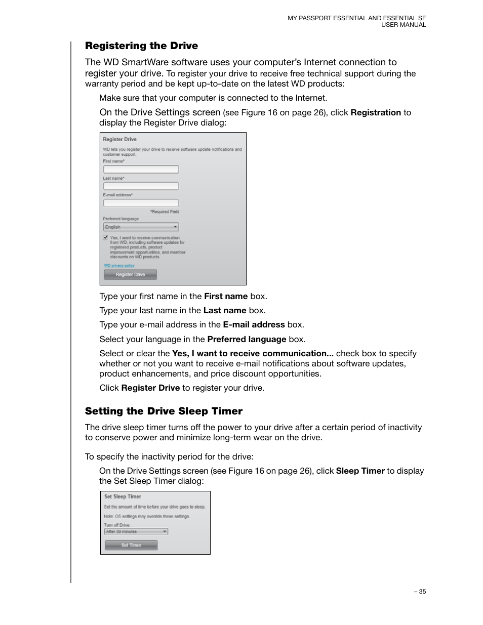 Registering the drive, Setting the drive sleep timer | Western Digital My Passport Essential SE User Manual User Manual | Page 40 / 75
