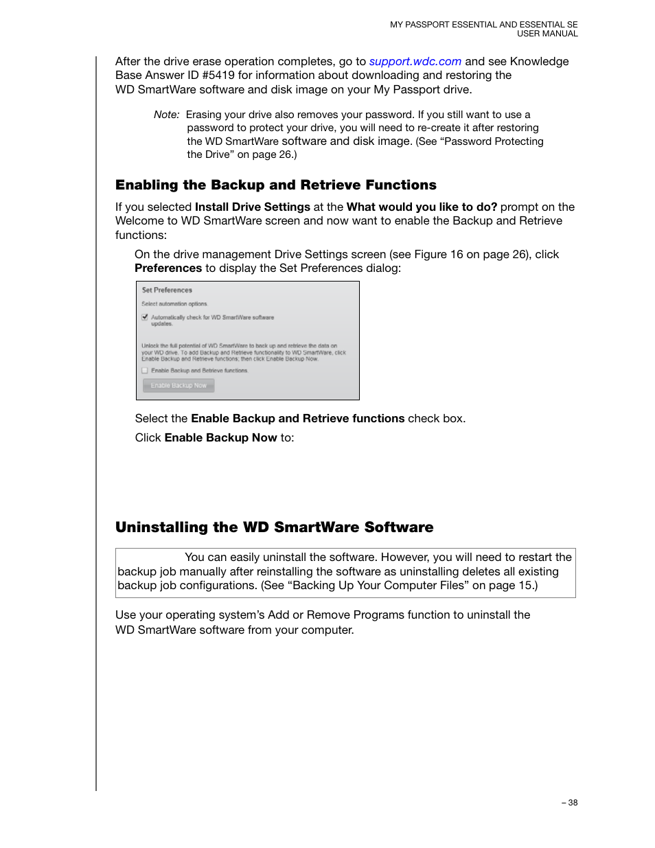 Enabling the backup and retrieve functions, Uninstalling the wd smartware software | Western Digital My Passport Essential SE User Manual User Manual | Page 43 / 75