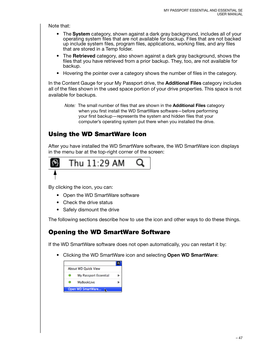 Using the wd smartware icon, Opening the wd smartware software | Western Digital My Passport Essential SE User Manual User Manual | Page 52 / 75