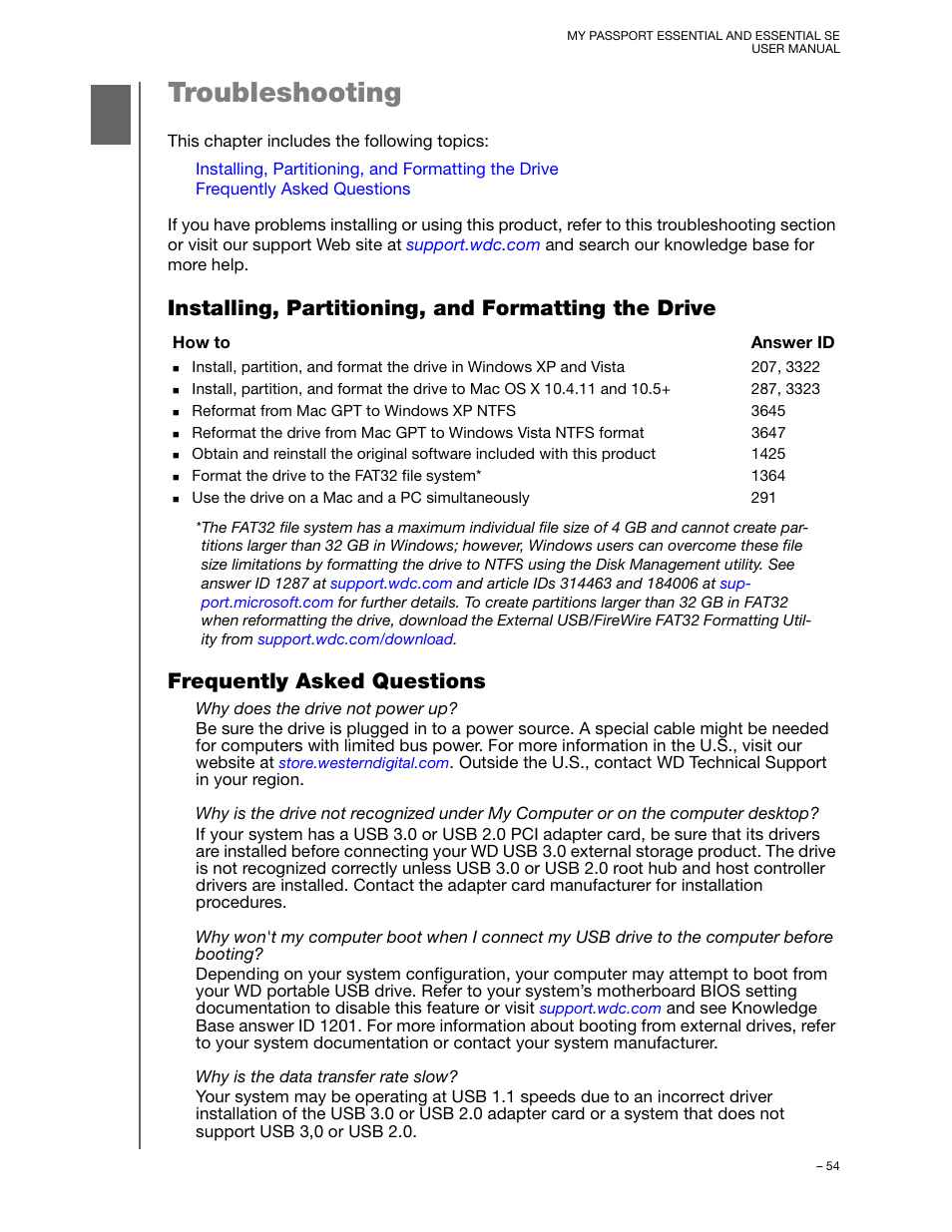 Troubleshooting, Installing, partitioning, and formatting the drive, Frequently asked questions | Western Digital My Passport Essential SE User Manual User Manual | Page 59 / 75