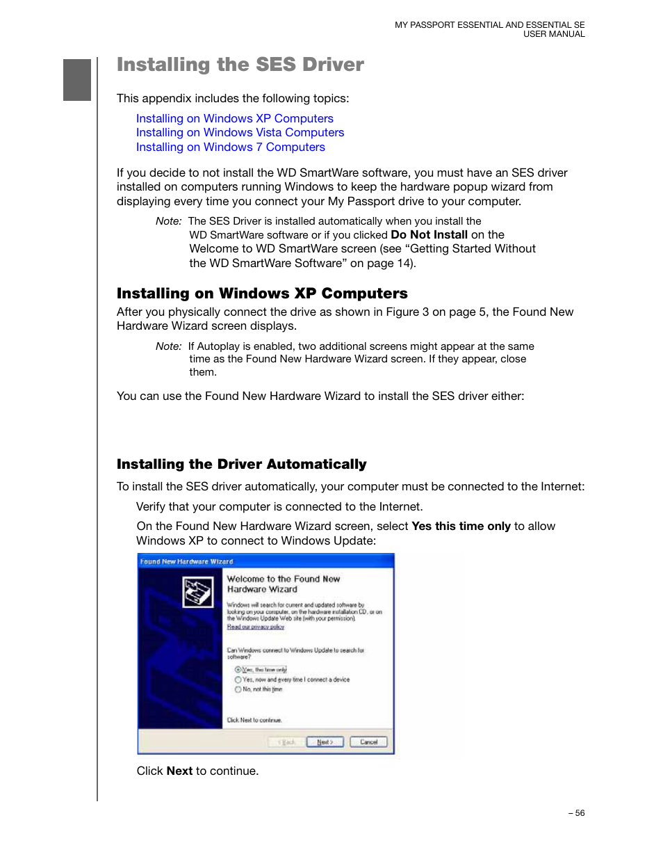 Installing the ses driver, Installing on windows xp computers, Installing the driver automatically | Western Digital My Passport Essential SE User Manual User Manual | Page 61 / 75