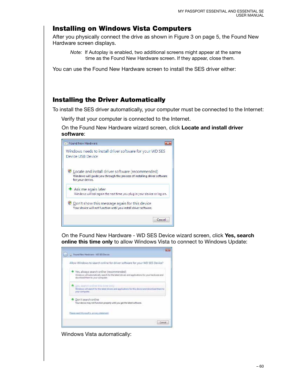 Installing on windows vista computers, Installing the driver automatically | Western Digital My Passport Essential SE User Manual User Manual | Page 65 / 75