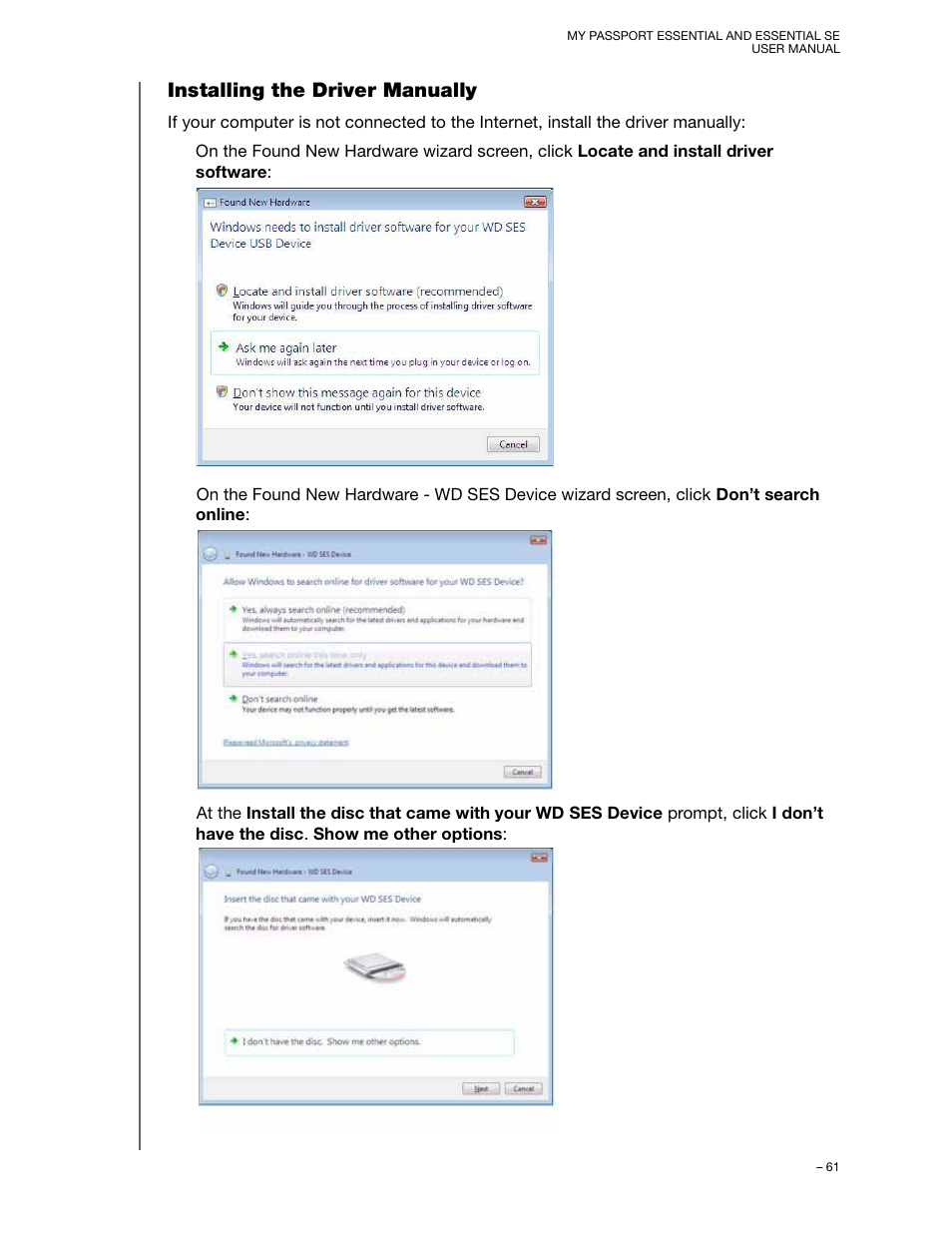 Installing the driver manually | Western Digital My Passport Essential SE User Manual User Manual | Page 66 / 75