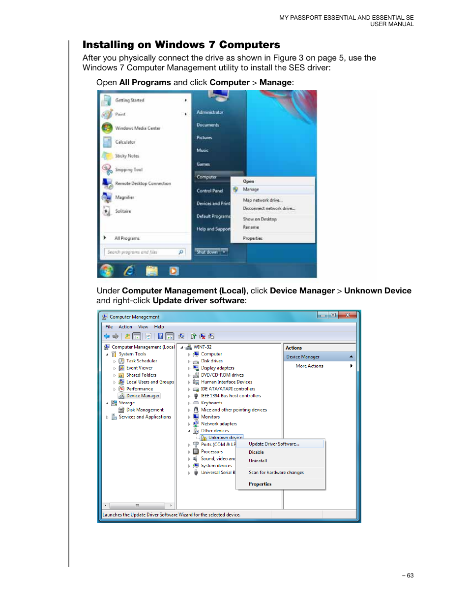 Installing on windows 7 computers | Western Digital My Passport Essential SE User Manual User Manual | Page 68 / 75