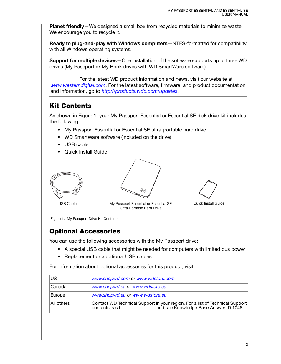 Kit contents, Optional accessories, Kit contents optional accessories | Western Digital My Passport Essential SE User Manual User Manual | Page 7 / 75